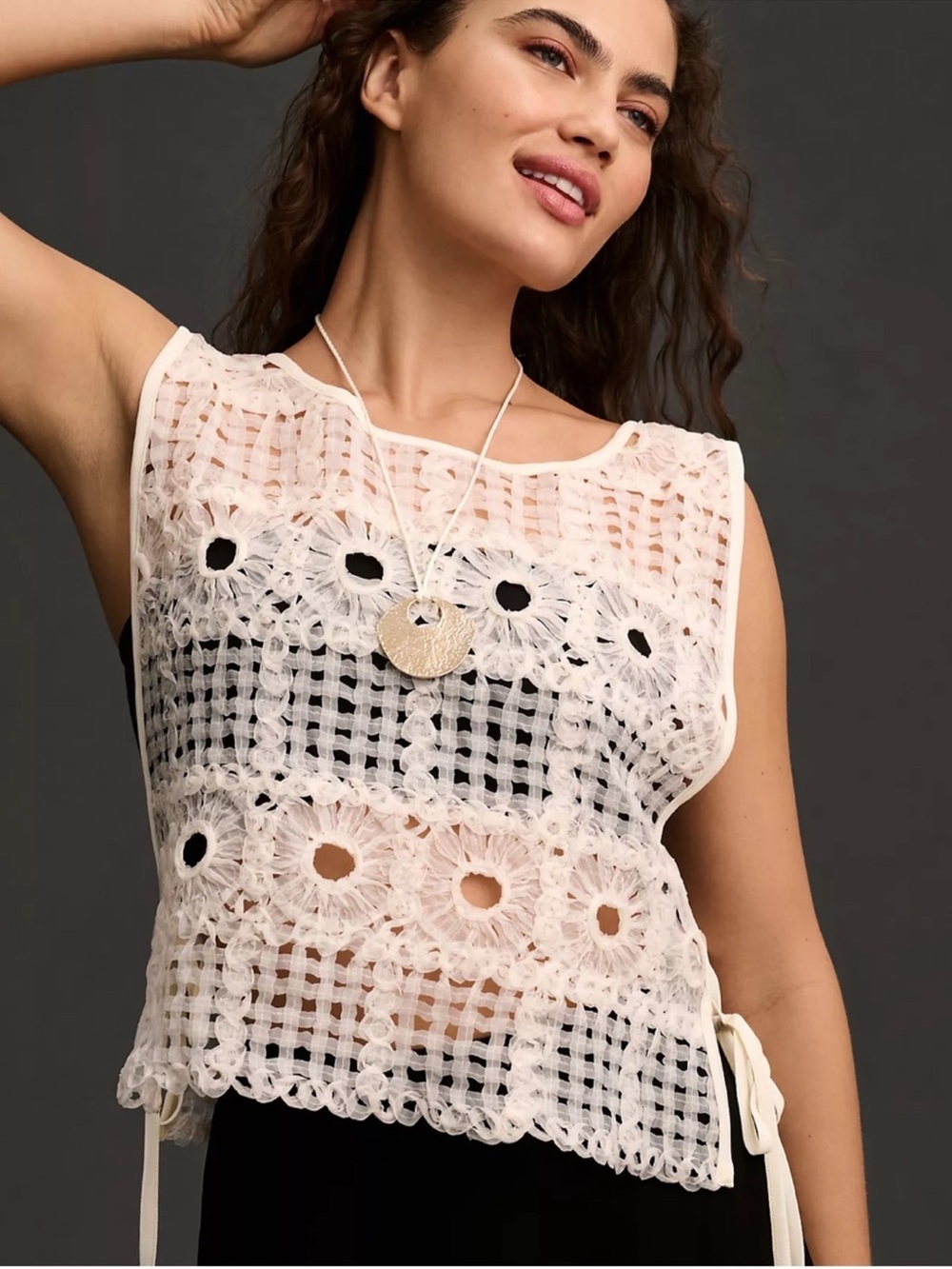 Anthropologie Blue Tassel Cream Lace  Vest With Side Ties NWOT